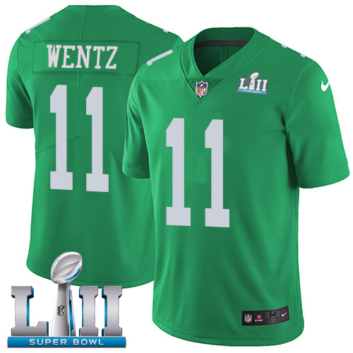 Nike Eagles #11 Carson Wentz Green Super Bowl LII Men's Stitched NFL Limited Rush Jersey - Click Image to Close